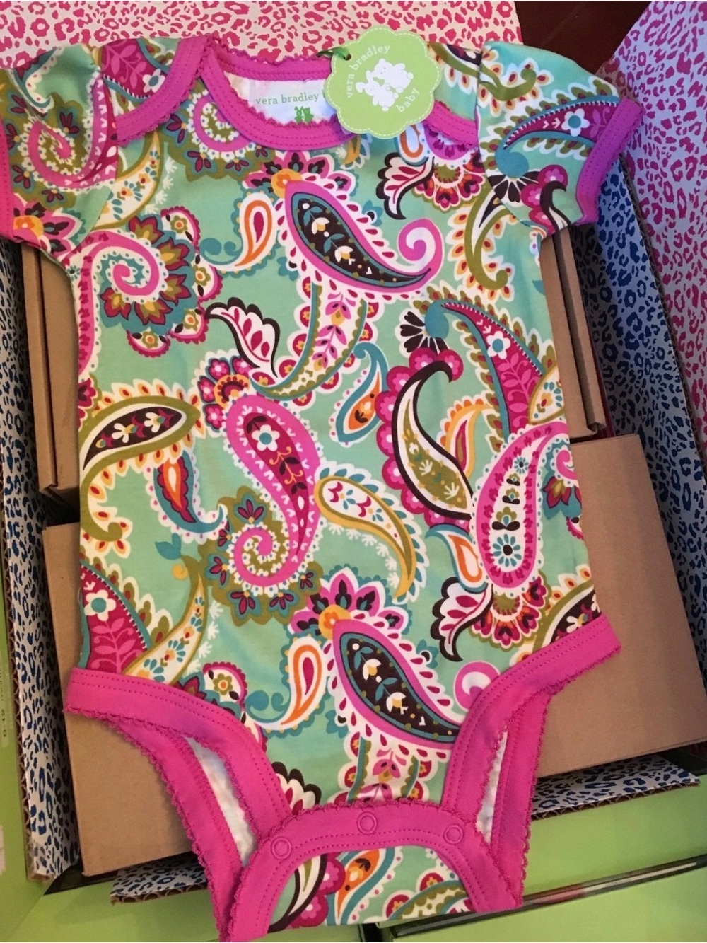 Vera Bradley Mint Paisley Baby One-Piece with Hot Pink Trim